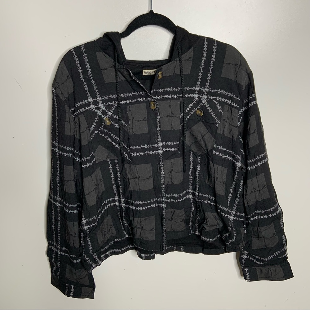 Paradise Now Button Down Palaka Floral Black White Hoodie Sweatshirt Top 2XL